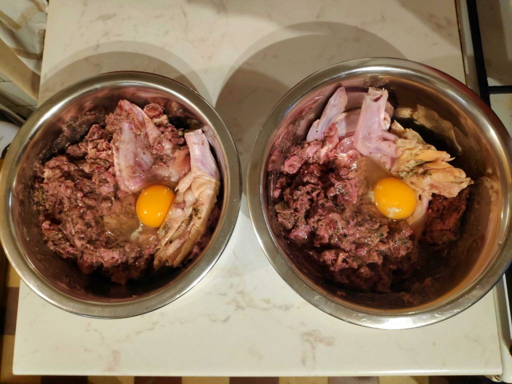 Dvě misky s večeří pro psy.